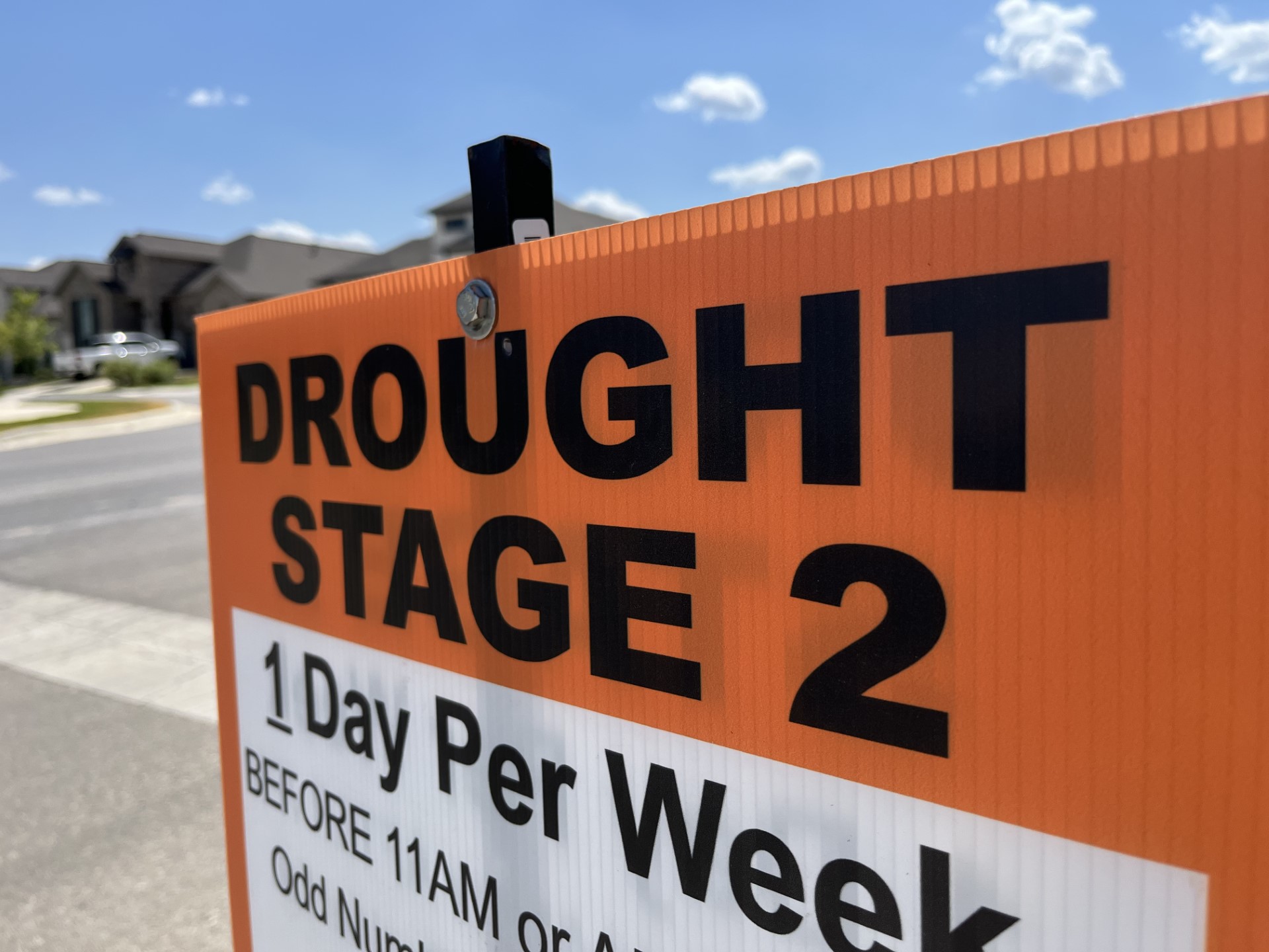 A Stage 2 drought sign in Buda on Aug. 1, 2023. (KXAN Photo/Christopher Adams)