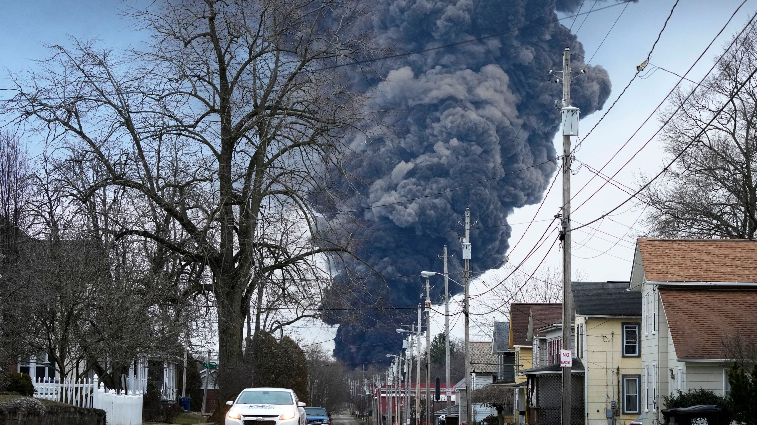 FILE - A black plume rises over East Palestine, Ohio, as a result of a controlled detonation of a portion of the derailed Norfolk Southern trains Monday, Feb. 6, 2023. (AP Photo/Gene J. Puskar, File)
