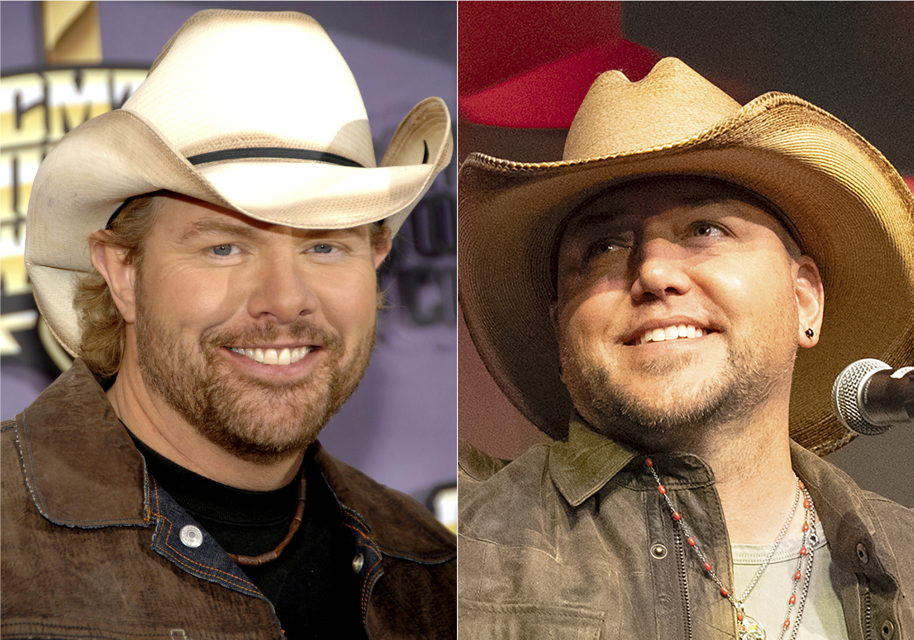Toby Keith appears at the CMT Music Awards, in Nashville, Tenn., on April 14, 2008, left, and Jason Aldean appears at the Country Radio Seminar in Nashville, Tenn., on Feb. 29, 2024. (AP Photo)