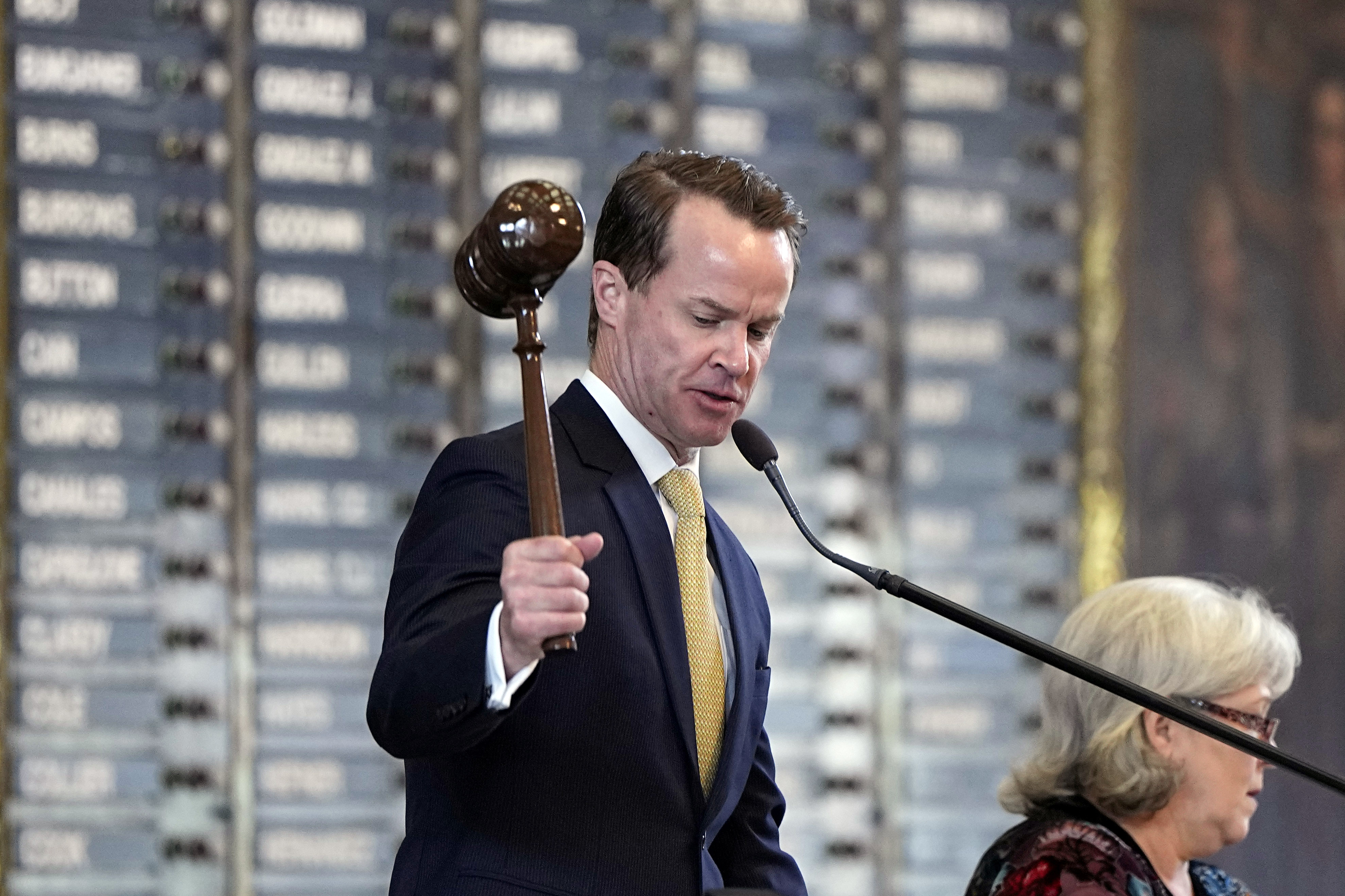 Speaker of the House Dade Phelan strikes the gavel in the House chamber where SB14 is being debated at the Capitol of Texas in Austin, Texas, Friday, May 5, 2023. (AP Photo/Eric Gay)