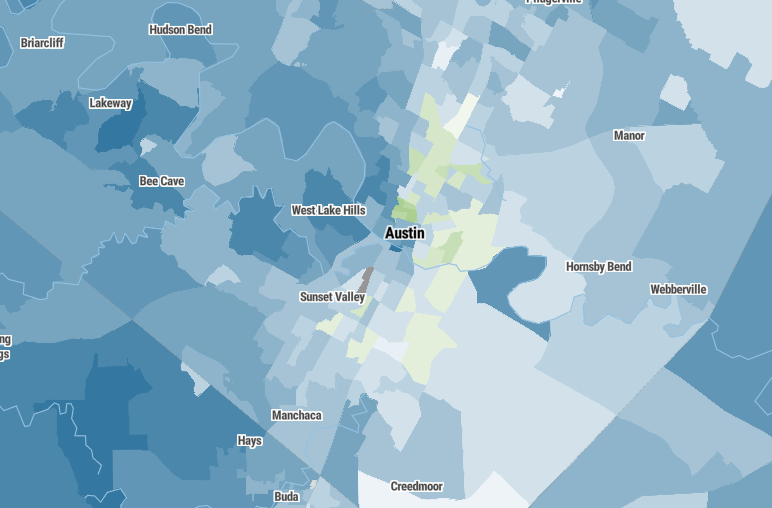 Map showing the share of the vote that Colin Allred and Roland Gutierrez received in each precinct in the 2024 Texas Democratic Senate primary. (KXAN/Christopher Adams)