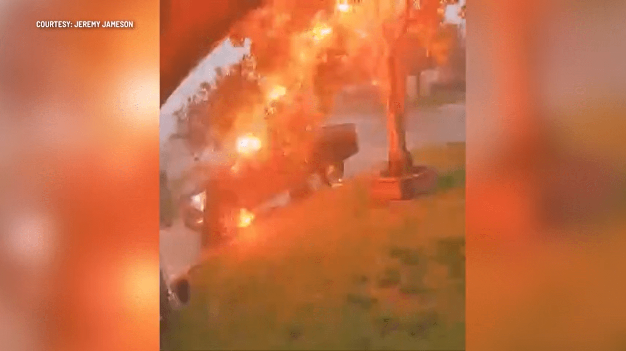 Lightning strikes a pickup truck in Hutto, Texas, on April 28, 2024. (Courtesy Jeremy Jameson)