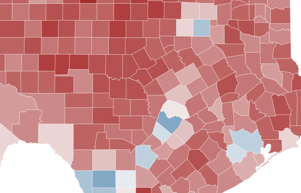 Cropped map of Texas showing the average margin of victory in the 2016 and 2020 presidential elections and the 2018 and 2022 gubernatorial elections. (KXAN/Christopher Adams)